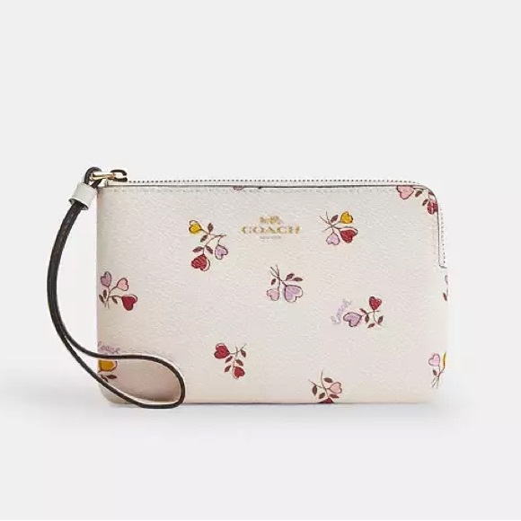 Coach Corner Zip Wristlet with Heart Print in Gold/Chalk Multi Coated Canvas NWT - Picture 11 of 11